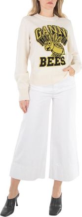 Ganni Egret Logo Intarsia Graphic Bees O-Neck Pullover, Size X-Small