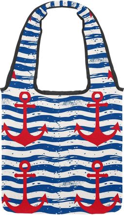 Generic Blue Wave Stripes Red Anchor Pattern Reversible Canvas Shoulder Tote - Double-Sided Print, 12oz Cotton, 27cm Drop, Fold-Flat Bag for Travel, Shopping,