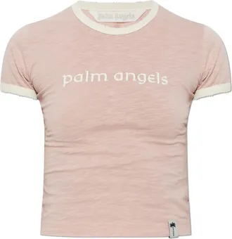 Palm Angels Tops, Dames, Roze, M, Katoen, Klassiek Logo Cropped T-shirt