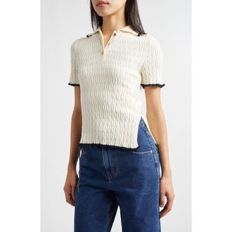 EENK Contrast Trim Pointelle Cable Knit Polo in Ivory at Nordstrom, Size X-Small