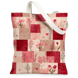 Generic Floral Canvas Tote Bag, Vintage Flower Print Reusable Grocery Bag, Lightweight Washable Shoulder Strap Canvas for Shopping, Red, 13x15 Inch