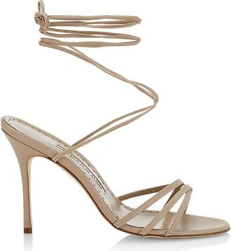 Manolo Blahnik Womens Leva 105MM Leather Wrap Heels Sandals Cream Nude