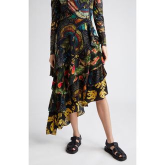 Farm Rio Mix Print Tiered Midi Skirt in Black Multi at Nordstrom, Size Large