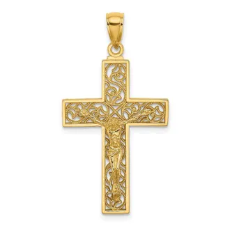 Diamond2Deal 10k Yellow Gold Textured Swirl Design Crucifix Charm
