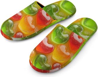 Generic Colorful Gummy Candies Heart Flannel Mens Slip-on Slippers Winter Warm House Shoes with Rubber Sole for Home Hotel