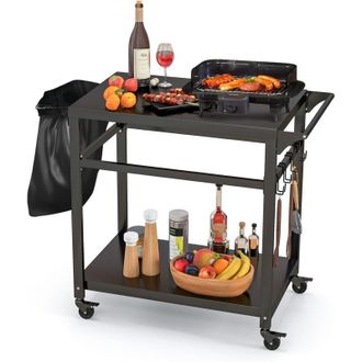 Costway Costway - Carrello Barbecue da Esterno in Metallo, Carrello da Cucina Esterno con 2 Ripiano, 4 Ruote Bloccabili, Ganci, Maniglia Laterale, per