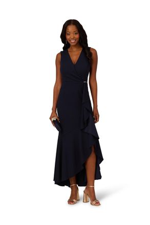 Adrianna Papell Womens Studio Ruffle Flounce Crepe Gown - Blue - Size 14 UK