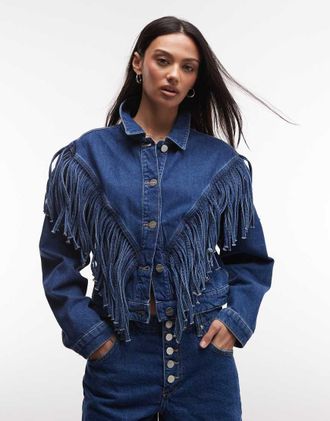 AllSaints Marlene - Giacca di jeans stile western blu lavaggio scuro con nappe in coordinato