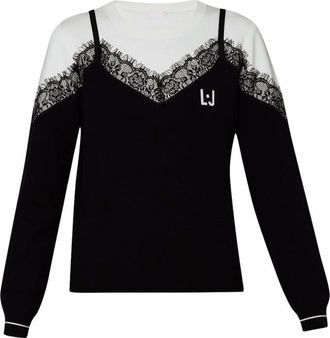 Liu Jo Round-neck Knitwear, female, Black, Size: XS Lace Trim Top