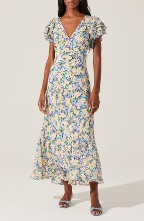 ASTR the Label Celestine Floral Flutter Sleeve Maxi Dress in Blue Yellow Ditsy at Nordstrom Rack, Size Large