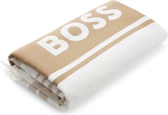 BOSS Fringed logo beach towel in cotton jacquard