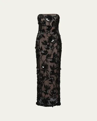 Rachel Gilbert Pierre Strapless Embroidered Tulle Column Gown
