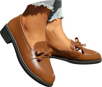 Generic Womens Leather Chunky Heel Bow Loafers Elegant Round Toe Platform Non Slip Casual Dress Shoes for Business Work Everyday Wear (A, 5.5)
