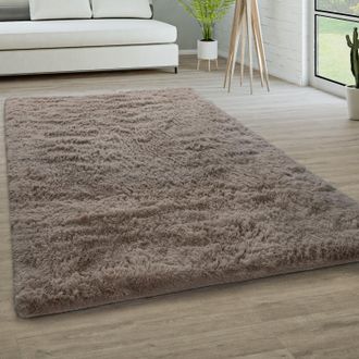 Paco Home Paco Home - Alfombra Sal&oacute;n Pelo Largo Piel Sint&eacute;tica Shaggy Mullida Y Suave En Monocolor Taupe, &Oslash; 120 Cm Redon