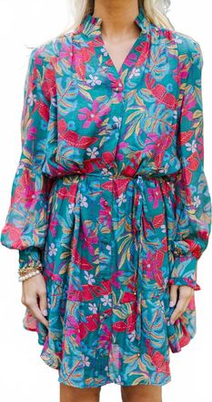 Fate Print Tencel Blend Split Neck Dress In Teal Green Multi