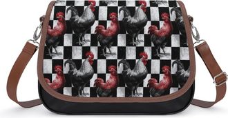 Generic Roosters on Black And White Checkered Fashion Womens Crossbody Bags Novelty Handbag Shoulder Bag Purse