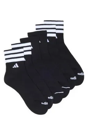 adidas 3-Pack Cushioned 3-Stripe Quarter Crew Socks in Black/White at Nordstrom Rack, Size Large