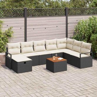 vidaXL Vidaxl - Conjunto De Sof&aacute; De Jard&iacute;n Con Coj&iacute;n 9 Pcs Negro Polirat&aacute;n