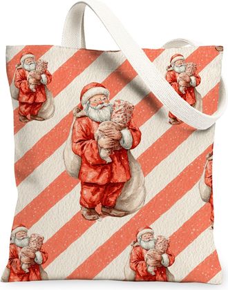 Generic Santa Canvas Tote Bags, Holiday Santa Claus Pattern Reusable Grocery Bags, Festive Retro Lightweight Washable Shoulder Strap Canvas for Shopping Outdo