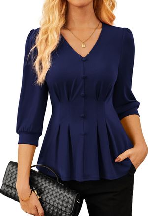 Grace Karin Womens Dirndl Blouse Elegant Business Work Style 3/4 Sleeve Ruffled Top 2026 for Spring/Summer Navy Blue 2XL