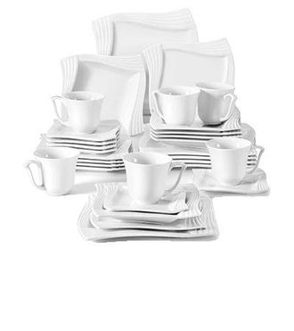 OEM Vajilla De Porcelana Para 12 Personas, Apta Para Microondas Y Lavavajillas, Con Elegante Dise&ntilde;o Cuadrado