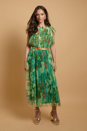 Oasis Womens Printed Pleated Mesh Midi Dress With Flutter Sleeve - Blue - Size 18 UK