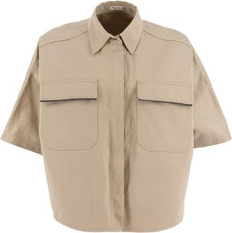 Brunello Cucinelli Short-Sleeved Safari Shirt - Dames - Overhemden - Beige - L - Leer - Overhemden