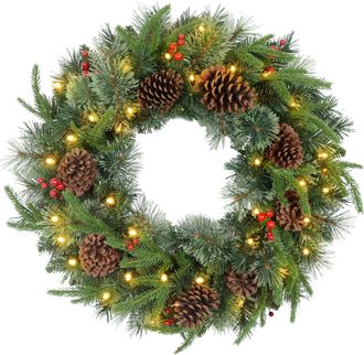 HOMCOM 60cm Christmas Wreath with LED Lights Pine Cones Red Berries Green | TJ Hughes