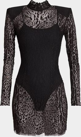 Balmain Leopard Lace Strong-Shoulder Mini Dress