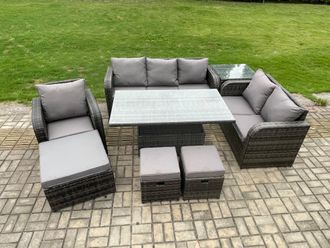 Fimous Rattan Outdoor Furniture Garden Dining Set Patio Height Adjustable Rising lifting Table Reclining Chair Sofa With Side Table 3 Footstools