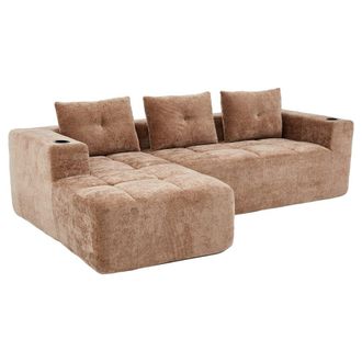 Urban Meuble Sof&aacute; rinconera de 3 plazas de chenilla con chaise longue marr&oacute;n claro