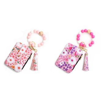 Generic Women Boho Keychain Wallet with Beaded Bracelet Small Card Holder (Light Pink)