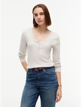 Tommy Hilfiger Womens Gold-Button Rib-Knit Henley - Dark Beige - XXL