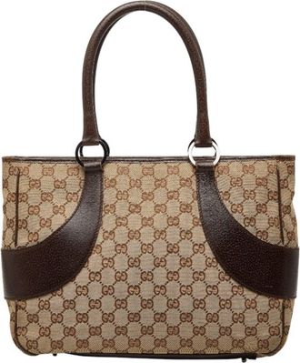 Gucci Beige Brown Canvas Leather Handbag Tote Bag (Pre-Owned)