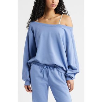 BP. Lace Trim Off the Shoulder Cotton Blend Sweatshirt in Blue Frost at Nordstrom, Size Xx-Small