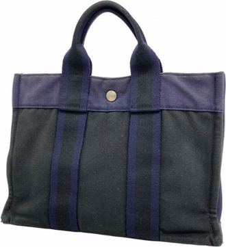 Herm&egrave;s Black Navy Canvas Tote Bag (Pre-Owned)