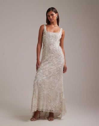 Asos Vestito da sposa lungo con scollo squadrato decorato con cristalli-Bianco