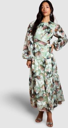 Coast Puff Sleeve Jacquard Midaxi Dress in Sage at Nordstrom, Size 8
