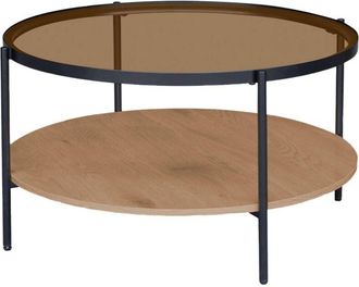 Sweeek Round coffee table with double glass top, wood decor and metal, natural, 84x84x45.5 cm - Smooky