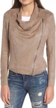 Blank NYC Faux Suede Drape Front Zip Up Top In Beige
