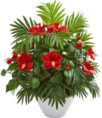 Nearly Natural Hibiscus & Areca Palm Artificial Plant In White Bowl
