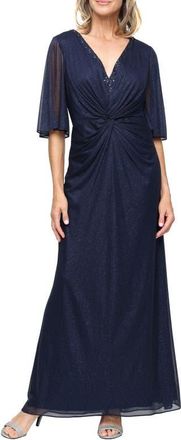 S.L. Fashions Center Twist Glitter Mesh Gown in Navy at Nordstrom, Size 14