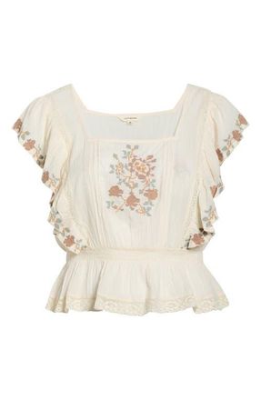 Lucky Brand Floral Embroidered Gauze Top in Cream at Nordstrom, Size Xx-Large