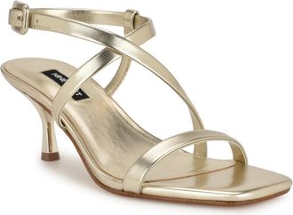 Nine West Hanni Sandals Womens M Gold Square Toe Kitten Heel Strappy HTAT1395