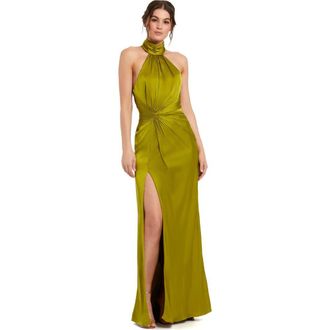 Mac Duggal Petite Open Back High Neck Side Ruched Gown in Olive at Nordstrom, Size 12P