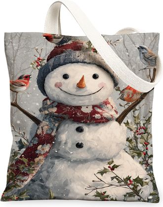 Generic Winter Snow Man Floral Canvas Tote Bags, Decorative Holiday Design Reusable Grocery Bags, Lightweight Washable Shoulder Str, White, 13x15 Inch