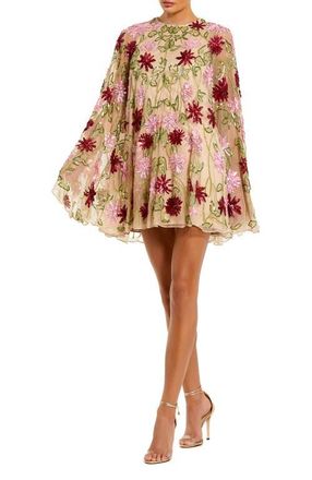 Mac Duggal Floral Beaded Mesh Shawl Mini Dress in Nude Multi at Nordstrom, Size 12