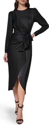 DKNY Long Sleeve Satin Faux Wrap Dress in Black at Nordstrom, Size 14