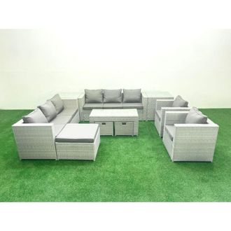 Fimous Outdoor Garden Furniture Rattan Sofa Set with 2 Armchairs Oblong Coffee Table 3 Footstools 2 Side Tables Light Grey Mixed - Fimous