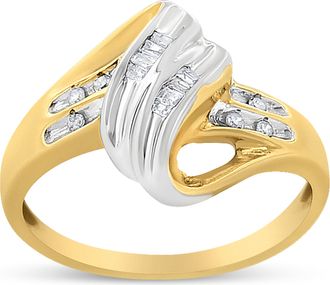 House of Brilliance 10K Yellow and White Gold 1/10 Cttw Baguette and Round-Cut Diamond Bypass Ring